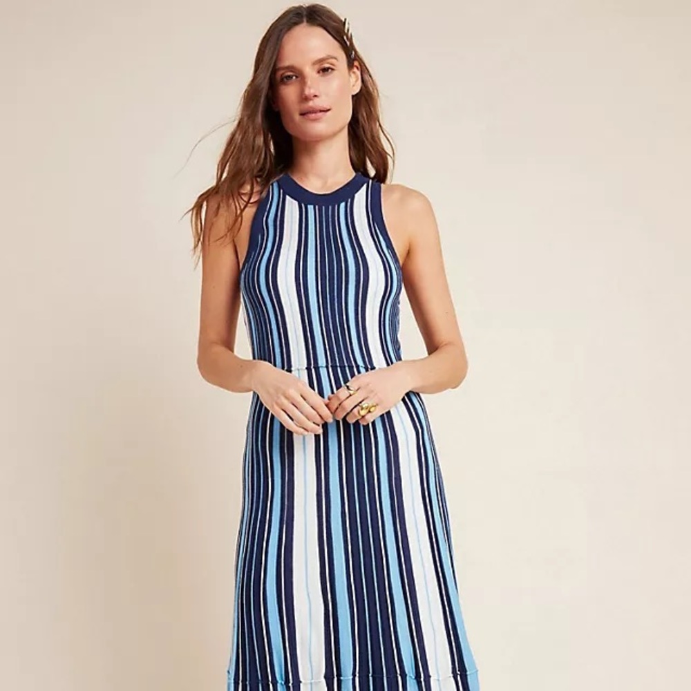 NWT Anthropologie Maeve Lisanne Blue Striped Maxi Halter Knit Sweater Dress